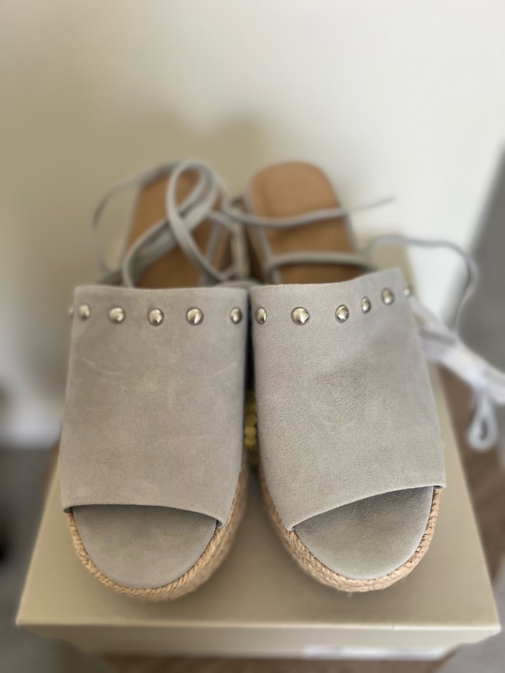 Marc Fisher Light Gray Suede Espadrille Platform Wedges with Stud Accents